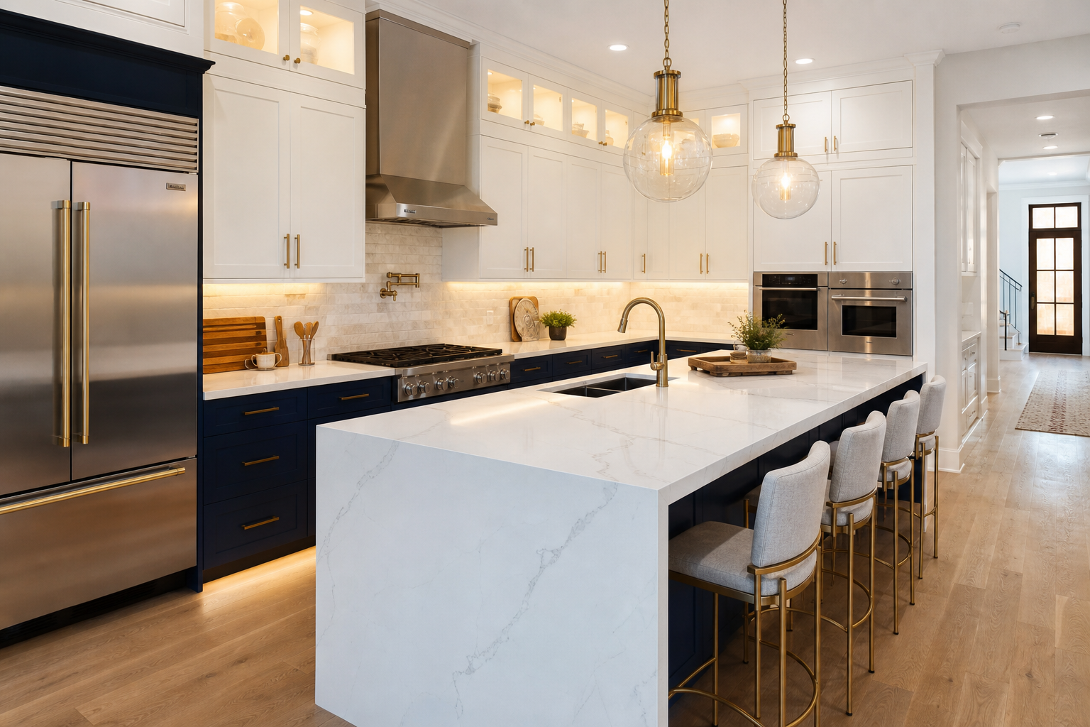 Luxury kitchen remodel with navy cabinets and brass finishes
